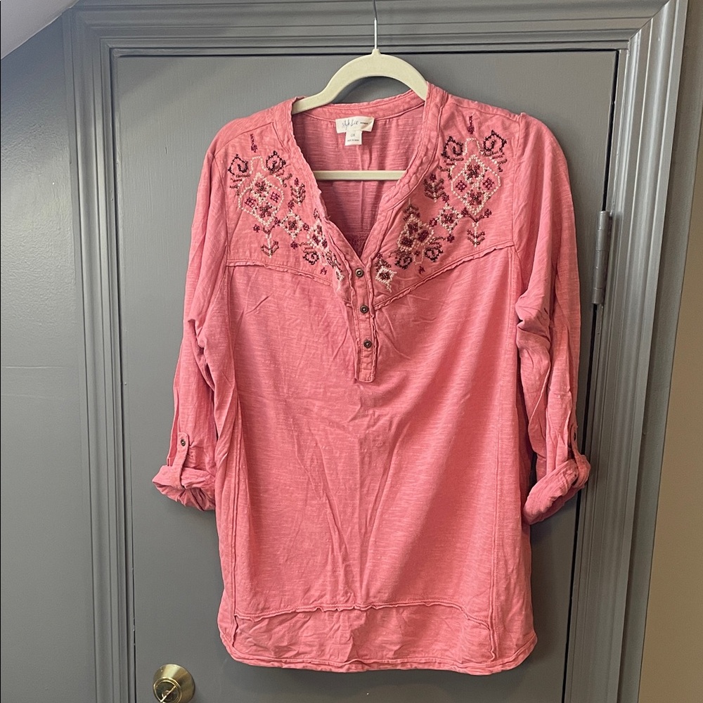 Style & Co. Rose-Pink Embroidered Henley Tunic